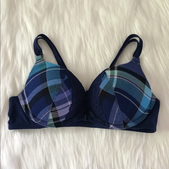 🪻3for12🪻 VS Plaid Cotton Front Close Push Up Bra 32B Blue - Picture 4 of 7